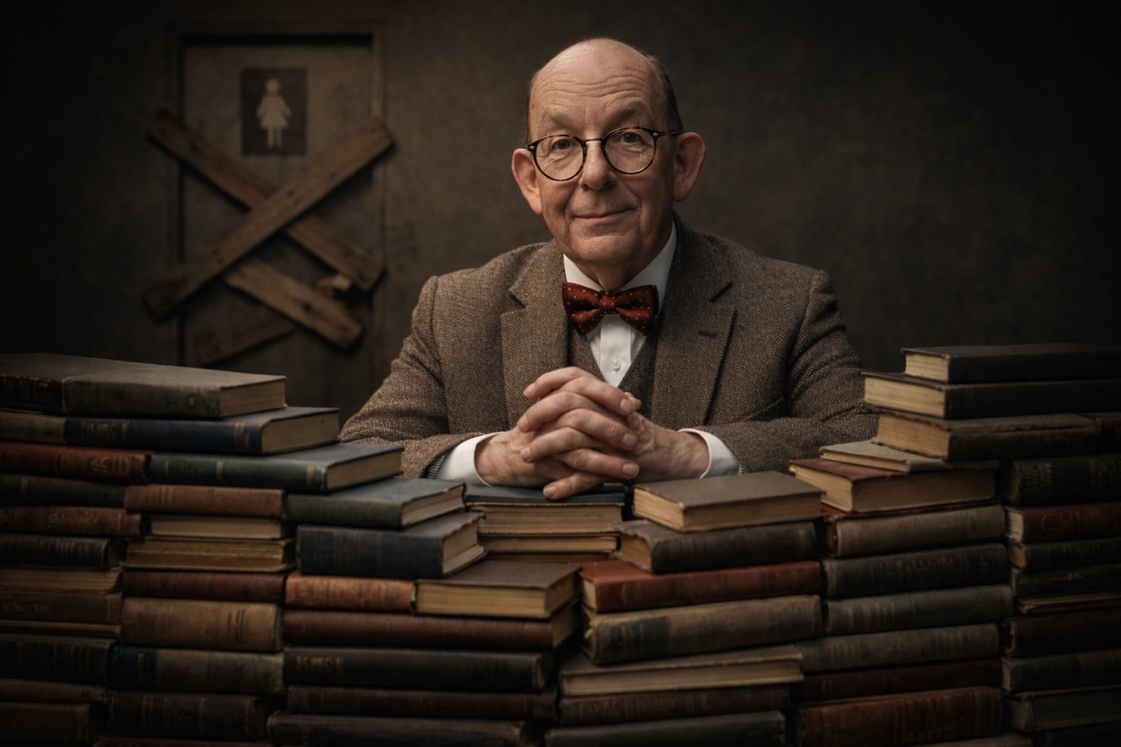 Denis Scheck sitzt hinter einem Wall aus alten Büchern, während im Hintergrund eine vernagelte Damentoilette als satirisches Symbol des Ausschlusses zu sehen ist.