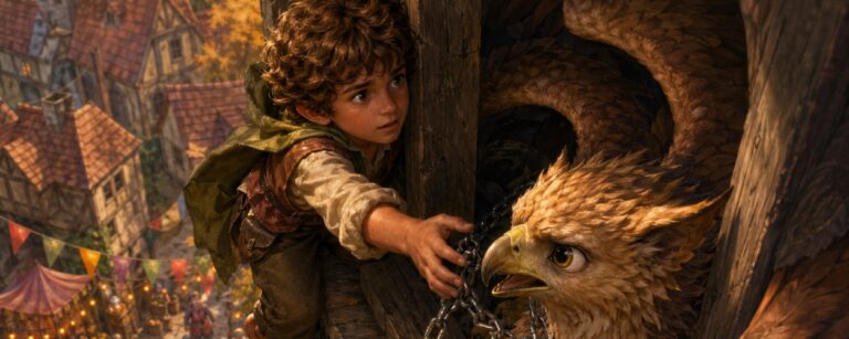 Ein kleiner Halbling klettert hoch im Glockenturm zu einem jungen Greifen, der sich mit einer silbernen Kette verfangen hat. Tief unter ihnen schauen die Bewohner eines herbstlichen Fantasy-Dorfes besorgt vom Marktplatz hinauf.