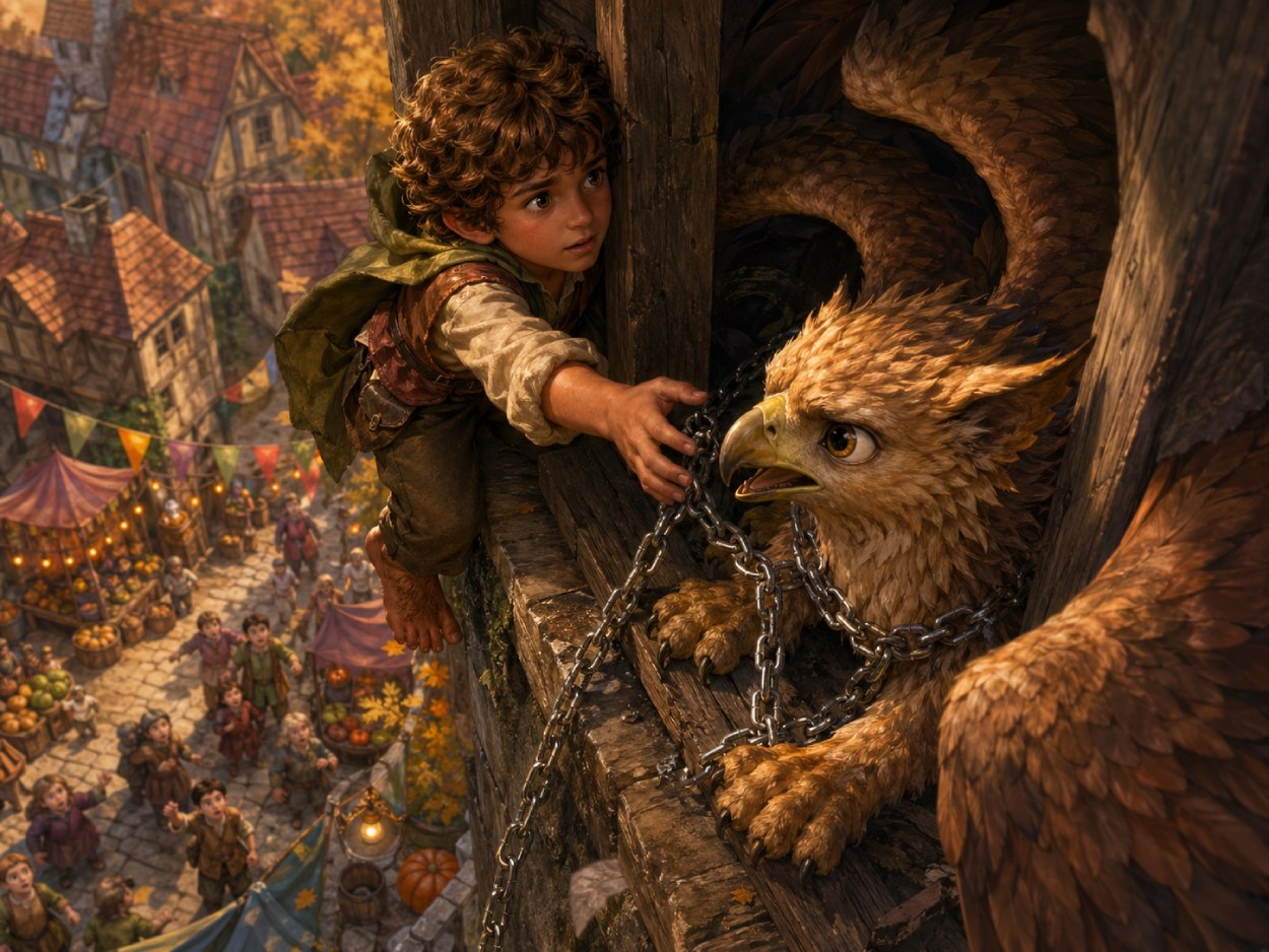 Junge hält einen Messingschlüssel mit Sternsymbol vor einer großen Holztür am alten Uhrturm in einer nebligen Gasse.