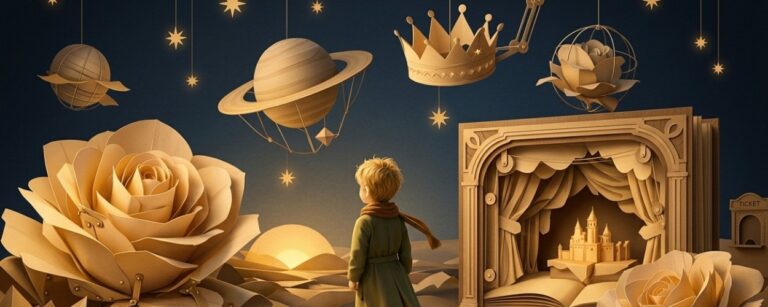 Ein kleiner Prinz steht in einer kunstvoll aufgebauten Papierlandschaft aus Rosen, Planeten, Krone und Bühnenbuch, die wie eine inszenierte literarische Erlebniswelt wirkt.