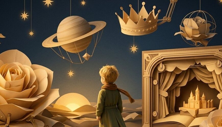 Ein kleiner Prinz steht in einer kunstvoll aufgebauten Papierlandschaft aus Rosen, Planeten, Krone und Bühnenbuch, die wie eine inszenierte literarische Erlebniswelt wirkt.