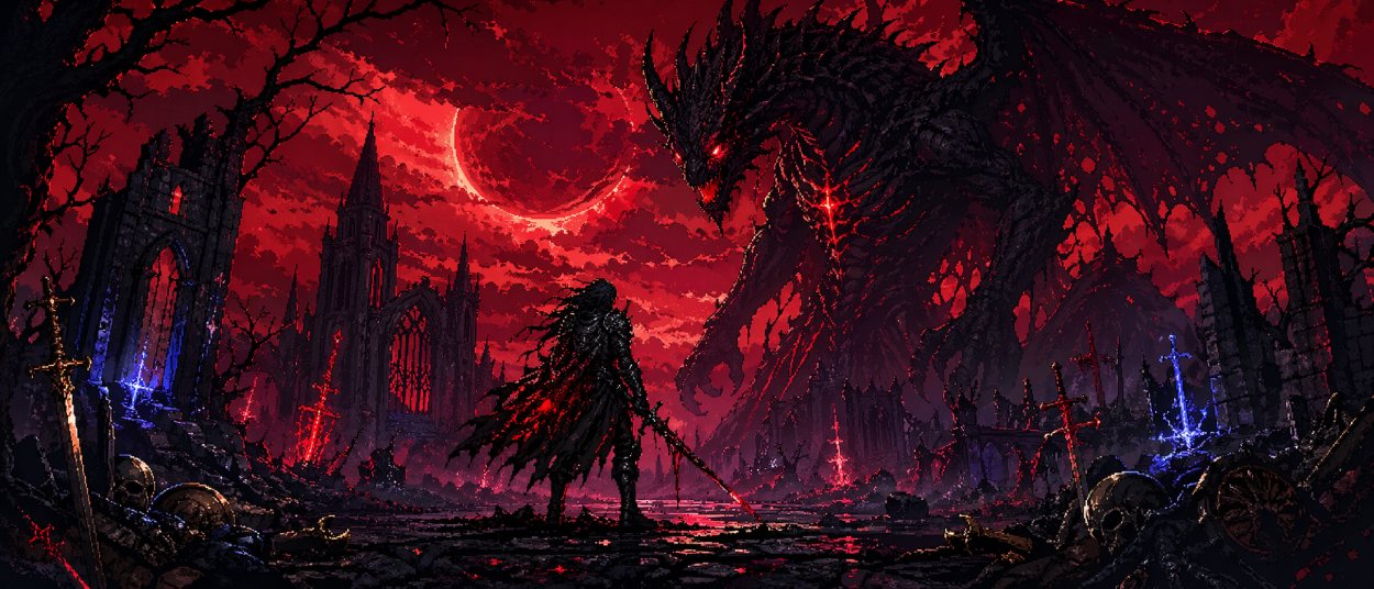 Dragon Is Dead als düstere 2D-Fantasy-Action mit verfluchtem Krieger, dämonischem Drachen und zerstörter Ruinenlandschaft.