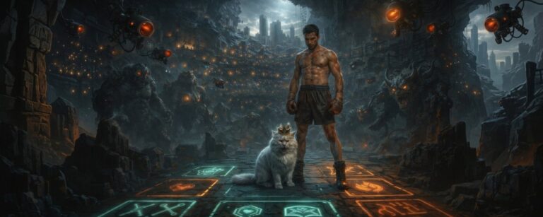 Ein erschöpfter Mann in Boxershorts und eine gekrönte Katze stehen in einer bizarren Sci-Fi-Fantasy-Arena zwischen Monstern und schwebenden Alien-Kameras.
