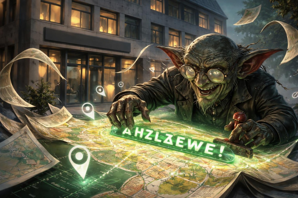 Grinsender Geokobold mit Brille und Stempel beugt sich über eine leuchtende Karte vor einem Parteibüro und verändert boshaft einen Ortsnamen.