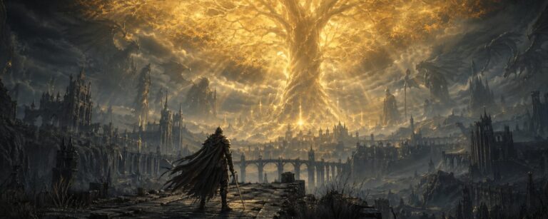 Elden Ring als großes düsteres Fantasykino mit einsamem Krieger, goldenem Weltenbaum, Ruinenreich und gewaltiger IMAX-Stimmung.