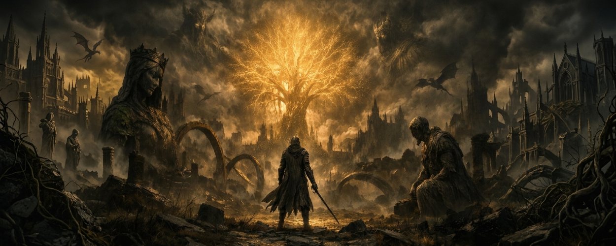 Elden Ring als düsteres Fantasy-Epos mit einsamem Krieger, goldenem Weltenbaum, Ruinen und mythischem Verfall.