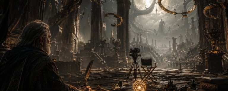 Düstere Fantasy-Szene mit zerbrochenen goldenen Ringen, Ruinenthron, Filmkamera und einem alten Autor an einem Schreibtisch.