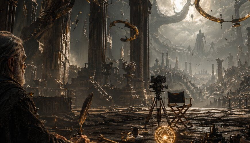 Düstere Fantasy-Szene mit zerbrochenen goldenen Ringen, Ruinenthron, Filmkamera und einem alten Autor an einem Schreibtisch.