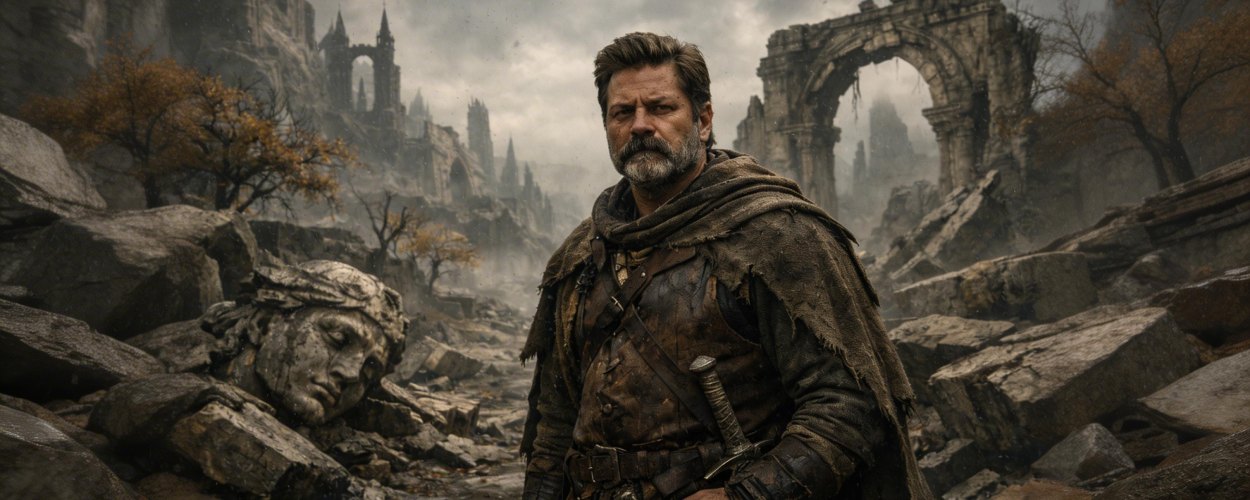 Ein bärtiger, stoisch wirkender Mann steht in einer düsteren Ruinenlandschaft, die an die Welt von Elden Ring erinnert.