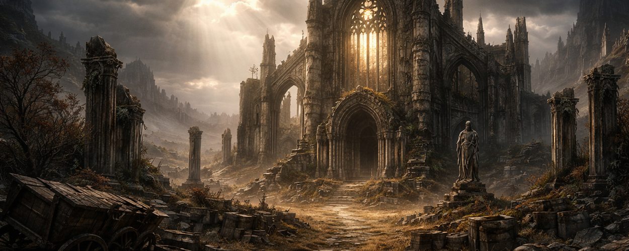 Eine riesige verfallene Kapelle steht in einer windigen Fantasy-Einöde zwischen Karren, Fässern und zerbrochenen Statuen.