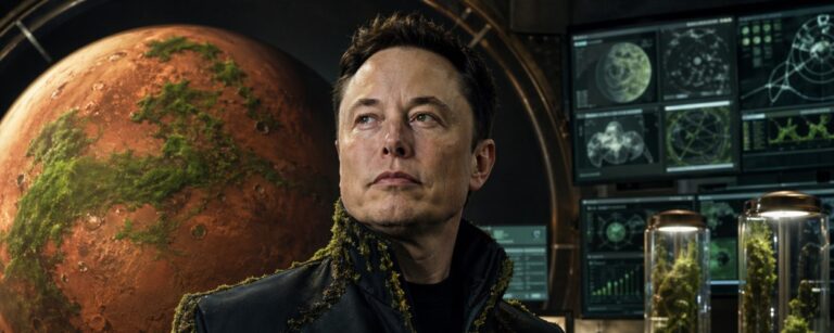 Elon Musk steht in einem futuristischen Labor vor einem großen Marsmodell, auf dem sich grüne Moosflächen ausbreiten. Sein dunkles Jackett ist an Schultern und Kragen mit Moos bewachsen. Im Hintergrund sind Monitore mit Planetendiagrammen, Glaszylinder mit Pflanzenmaterial und ein Raumhelm mit grünlichem Bewuchs zu sehen.