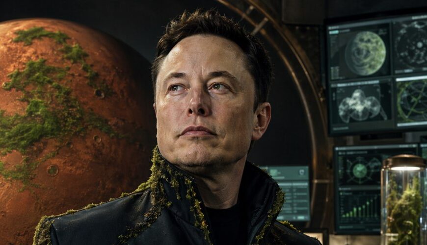 Elon Musk steht in einem futuristischen Labor vor einem großen Marsmodell, auf dem sich grüne Moosflächen ausbreiten. Sein dunkles Jackett ist an Schultern und Kragen mit Moos bewachsen. Im Hintergrund sind Monitore mit Planetendiagrammen, Glaszylinder mit Pflanzenmaterial und ein Raumhelm mit grünlichem Bewuchs zu sehen.