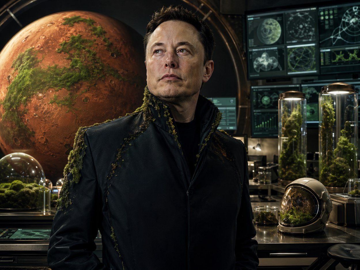Elon Musk steht in einem futuristischen Labor vor einem großen Marsmodell, auf dem sich grüne Moosflächen ausbreiten. Sein dunkles Jackett ist an Schultern und Kragen mit Moos bewachsen. Im Hintergrund sind Monitore mit Planetendiagrammen, Glaszylinder mit Pflanzenmaterial und ein Raumhelm mit grünlichem Bewuchs zu sehen.