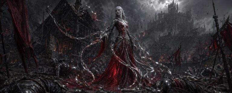 Eine geheimnisvolle Elfe steht in einem zerstörten Dorf zwischen gefallenen Rittern, flüssigem Silber und einem leuchtenden Phönix-Siegelring.