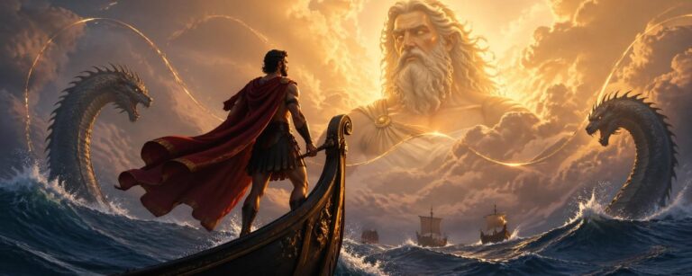 Eine farbgewaltige Fantasy-Version von Odysseus auf einem Schiff im Sturm, umgeben von göttlichen Gestalten, Meeresmonstern und musicalhafter Magie.