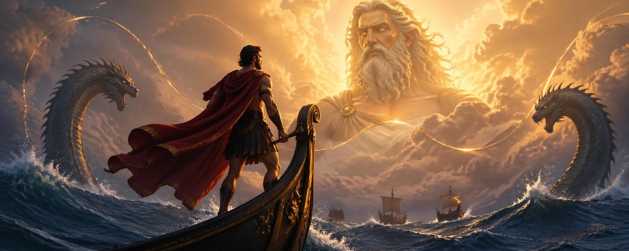Eine farbgewaltige Fantasy-Version von Odysseus auf einem Schiff im Sturm, umgeben von göttlichen Gestalten, Meeresmonstern und musicalhafter Magie.