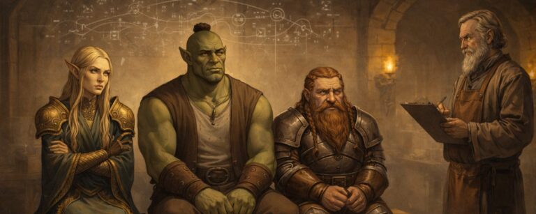 Ein Elf, ein Ork und ein Zwerg sitzen in einer Fantasy-Klinik auf einer Bank, während ein Arzt mit Klemmbrett ihre Archetypen und ihre Persönlichkeit untersucht.