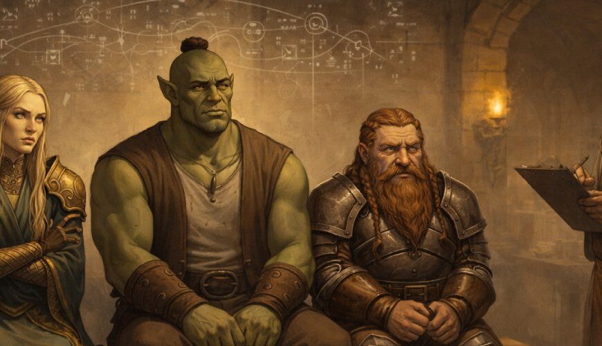 Ein Elf, ein Ork und ein Zwerg sitzen in einer Fantasy-Klinik auf einer Bank, während ein Arzt mit Klemmbrett ihre Archetypen und ihre Persönlichkeit untersucht.