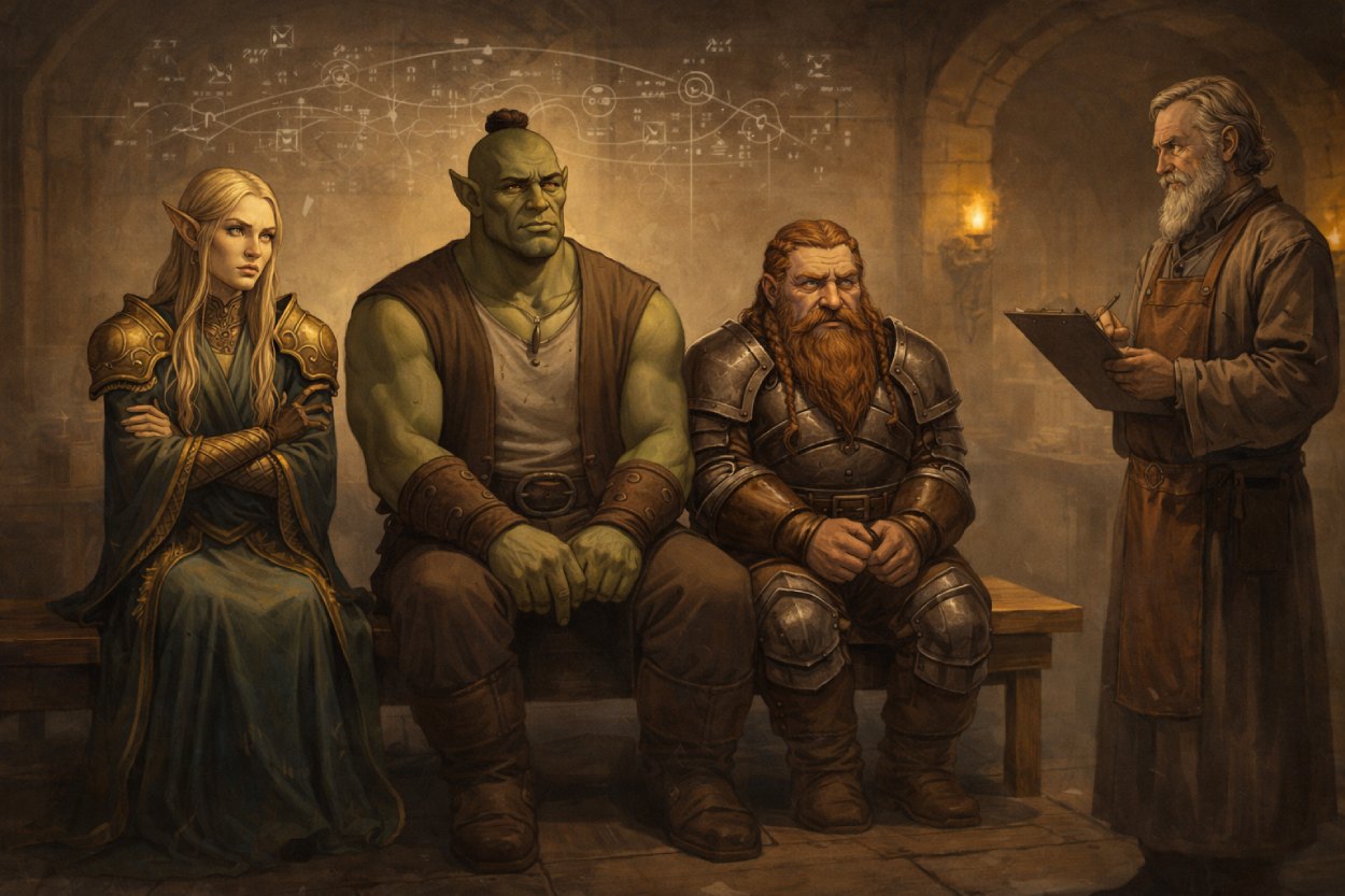 Ein Elf, ein Ork und ein Zwerg sitzen in einer Fantasy-Klinik auf einer Bank, während ein Arzt mit Klemmbrett ihre Archetypen und ihre Persönlichkeit untersucht.