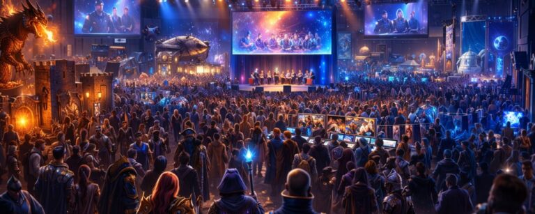 Eine große Popkultur-Convention mit Cosplayern, Bühnen, Gaming-Bereichen und Space-Ausstellungen in einer hellen Messehalle.