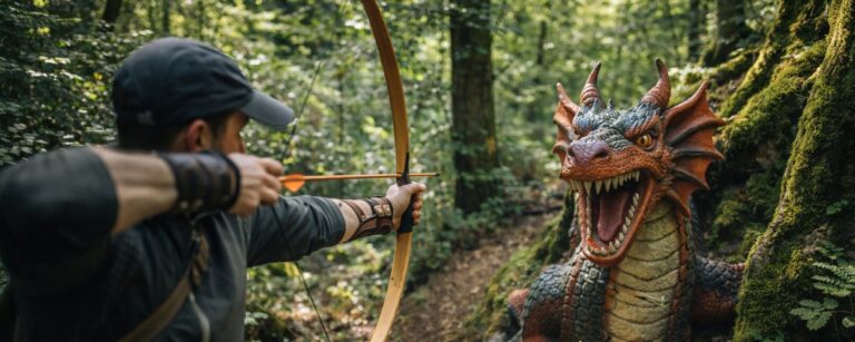 Ein Bogenschütze zielt im Wald auf einen großen Drachen als 3D-Ziel auf dem Fantasy-Bogenparcours in Warstein.