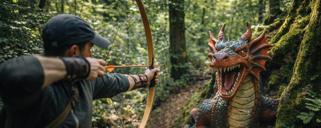 Ein Bogenschütze zielt im Wald auf einen großen Drachen als 3D-Ziel auf dem Fantasy-Bogenparcours in Warstein.