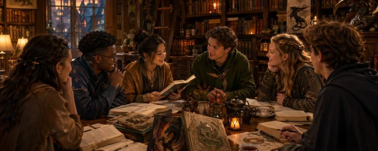Ein gemütlicher Lesesaal mit Fantasy-Lesern, Büchern, Lampenlicht und einer warmen, leicht magischen Bibliotheksatmosphäre.