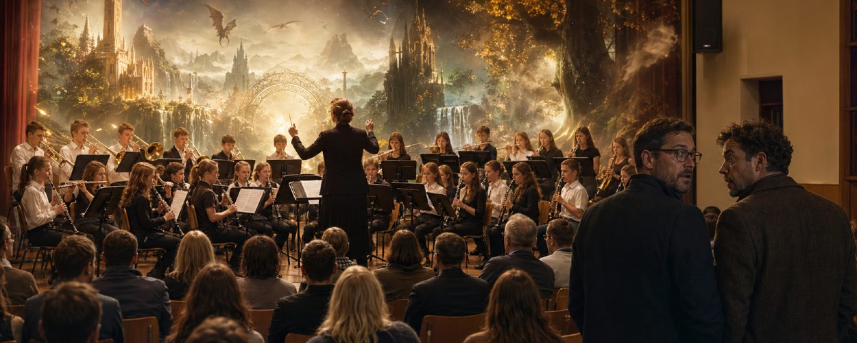 Ein Jugendorchester spielt in einer Schulaula, während sich hinter der Bühne ein sanftes Fantasy-Portal öffnet und die Szene leicht ironisch in eine andere Welt kippt.