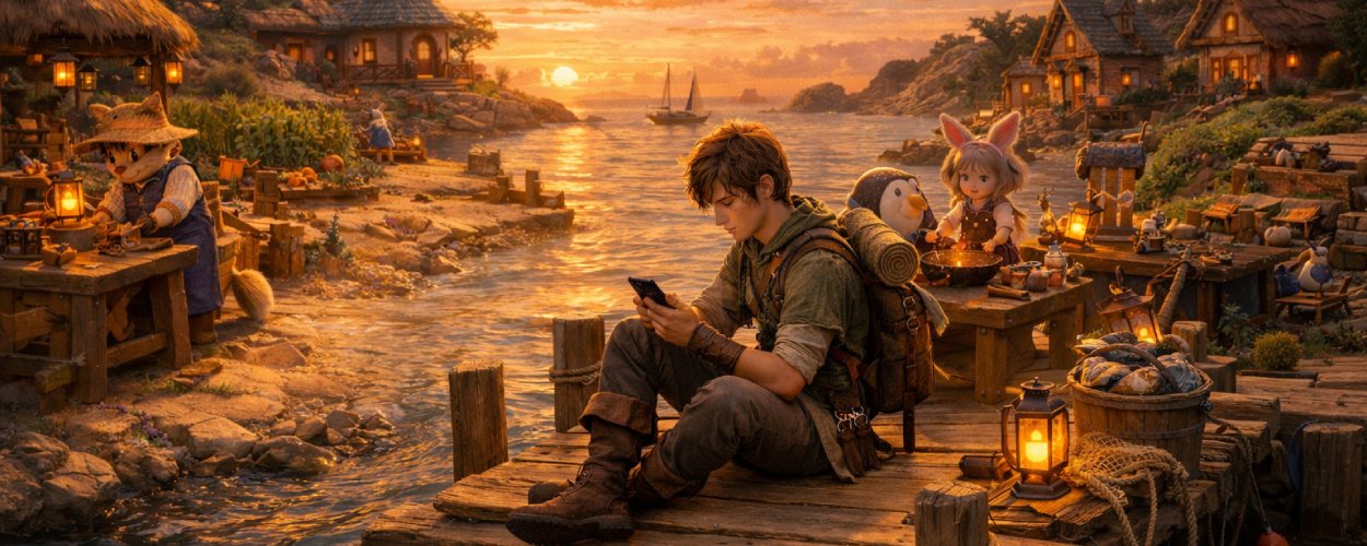 Ein Abenteurer sitzt in einem warmen Fantasy-Dorf am Wasser mit Smartphone in der Hand und deutet die Mobile-Version von Fantasy Life i an.