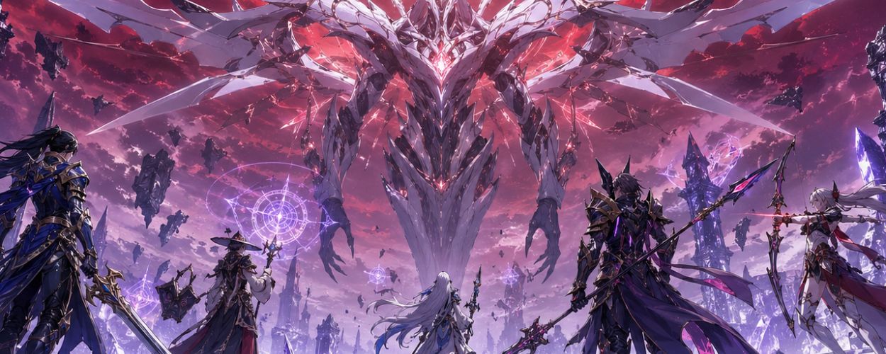 Final Fantasy XIV trifft auf Evangelion in einem epischen Crossover-Bild mit Fantasy-Abenteurern, biomechanischem Gegner und apokalyptischem Himmel.