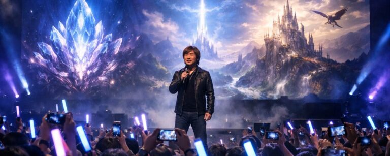 Eine große Bühne mit Fantasy-Atmosphäre und begeistertem Publikum zeigt das Fan Festival von Final Fantasy XIV in Anaheim.