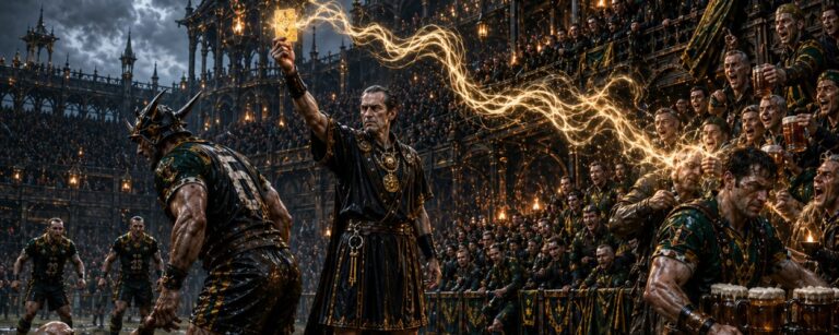 Düstere Schlatzball-Arena im 4:3-Format: Ein Schiedsrichter hält eine leuchtende gelbe Karte hoch, während ihre Energie direkt aus dem Gedächtnis des jubelnden Publikums gelöscht wird und ein Spieler rechts bereits Freimet für die Tribüne trägt.