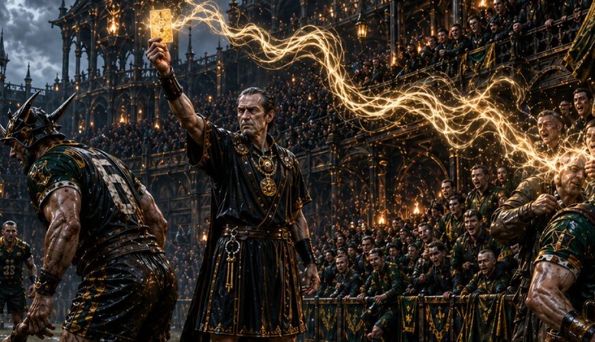 Düstere Schlatzball-Arena im 4:3-Format: Ein Schiedsrichter hält eine leuchtende gelbe Karte hoch, während ihre Energie direkt aus dem Gedächtnis des jubelnden Publikums gelöscht wird und ein Spieler rechts bereits Freimet für die Tribüne trägt.