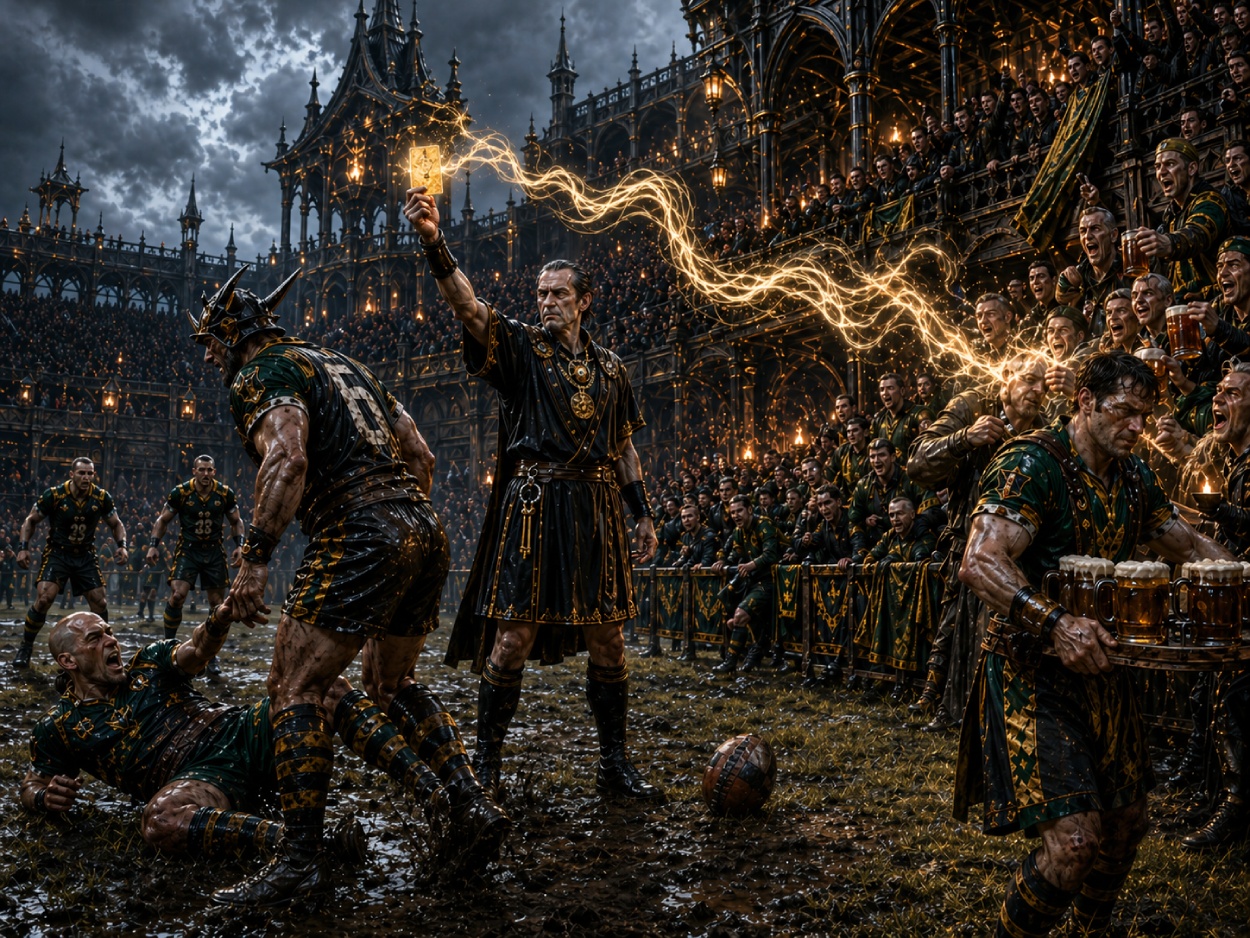 Düstere Schlatzball-Arena im 4:3-Format: Ein Schiedsrichter hält eine leuchtende gelbe Karte hoch, während ihre Energie direkt aus dem Gedächtnis des jubelnden Publikums gelöscht wird und ein Spieler rechts bereits Freimet für die Tribüne trägt.