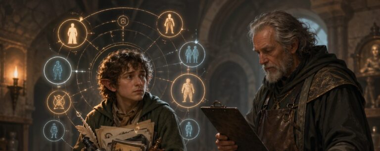 Eine unsichere Fantasy-Nebenfigur sitzt in einer Figurenklinik auf einer Liege, während ein Arzt mit Klemmbrett ihre Relevanz, Doppelbelegung und mögliche Streichung prüft.