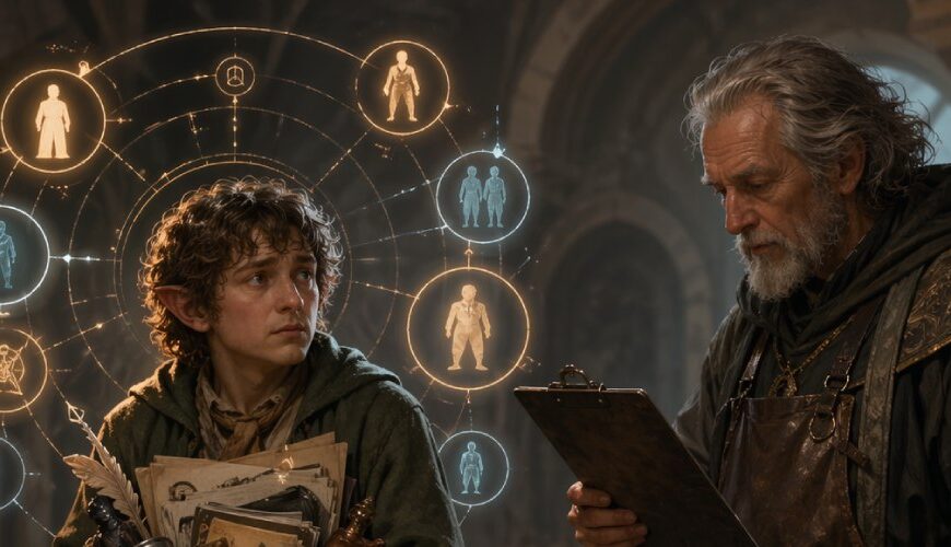 Eine unsichere Fantasy-Nebenfigur sitzt in einer Figurenklinik auf einer Liege, während ein Arzt mit Klemmbrett ihre Relevanz, Doppelbelegung und mögliche Streichung prüft.