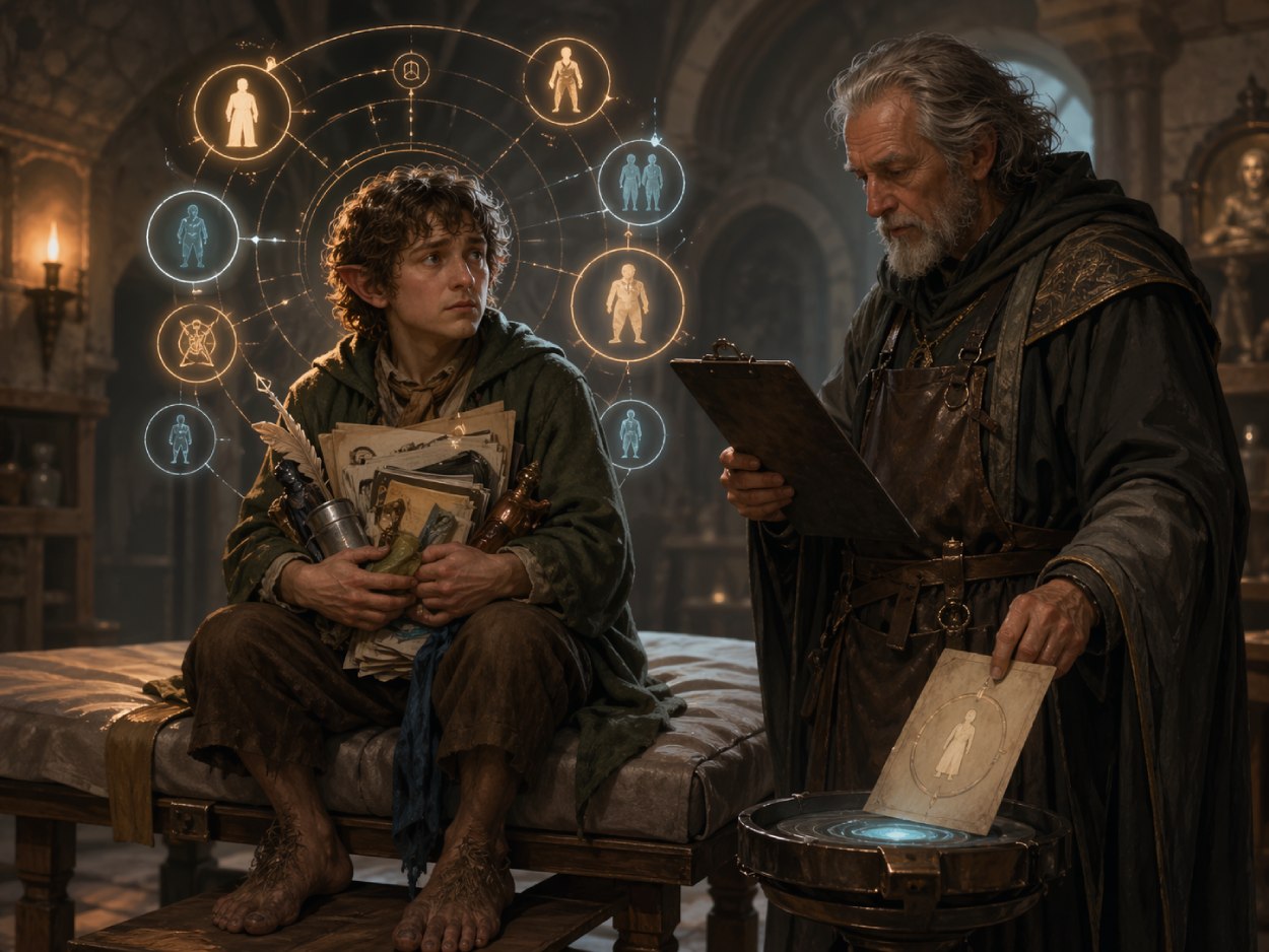 Eine unsichere Fantasy-Nebenfigur sitzt in einer Figurenklinik auf einer Liege, während ein Arzt mit Klemmbrett ihre Relevanz, Doppelbelegung und mögliche Streichung prüft.