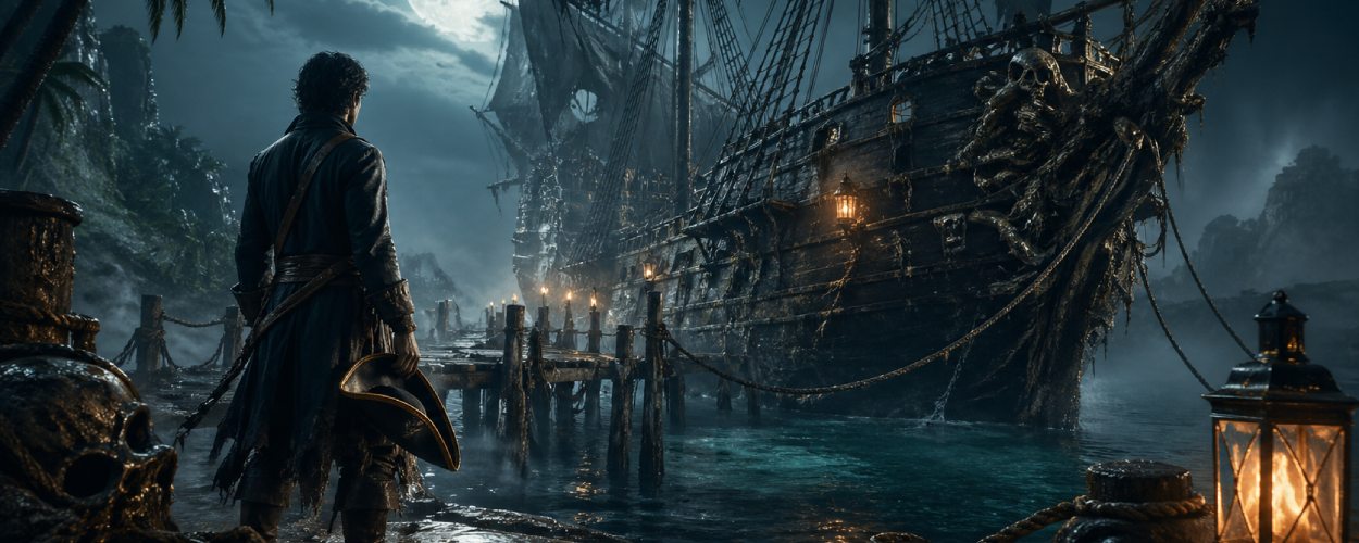 Ein verfluchtes Piratenschiff liegt im mondhellen Nebel an einem alten Hafen, während ein junger Pirat auf eine mögliche Rückkehr wartet.