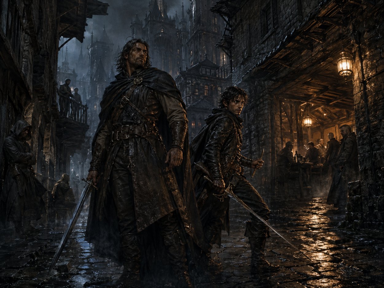 Zwei Fantasy-Gauner stehen nachts in einer nebligen Stadtgasse von Lankhmar, ein großer Nordmann mit Schwert und ein kleiner Dieb mit Dolch, umgeben von Laternen, Rauch und dunklen Türmen.