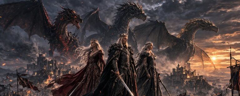 Aegons Conquest zeigt Aegon Targaryen mit zwei Königinnen und drei Drachen über dem brennenden Westeros.