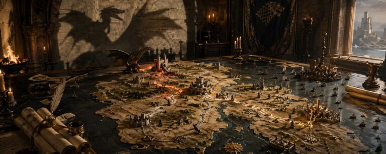 Eine düstere Westeros-Karte in einer königlichen Strategiekammer mit Drachen-Schatten, Kerzen und mehreren Wegen für Serien und Filmprojekte.