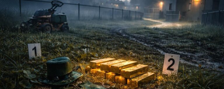 Düstere Klärwerkswiese bei Bannewitz mit leuchtenden Goldbarren im nassen Gras, daneben ein grüner Leprechaun-Hut, Beweisfähnchen und ein Rasenmäher im Nebel.