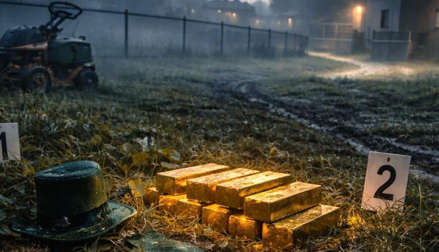 Düstere Klärwerkswiese bei Bannewitz mit leuchtenden Goldbarren im nassen Gras, daneben ein grüner Leprechaun-Hut, Beweisfähnchen und ein Rasenmäher im Nebel.