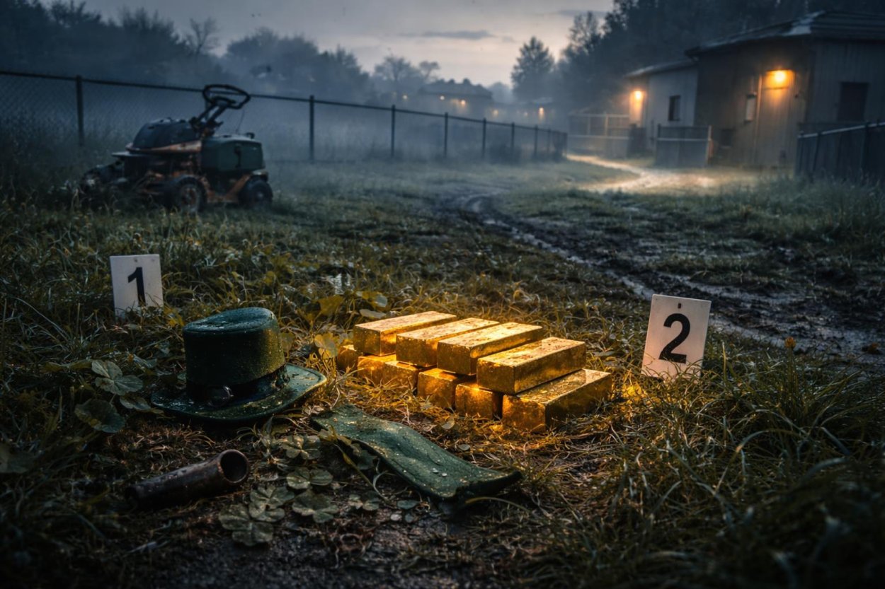 Düstere Klärwerkswiese bei Bannewitz mit leuchtenden Goldbarren im nassen Gras, daneben ein grüner Leprechaun-Hut, Beweisfähnchen und ein Rasenmäher im Nebel.