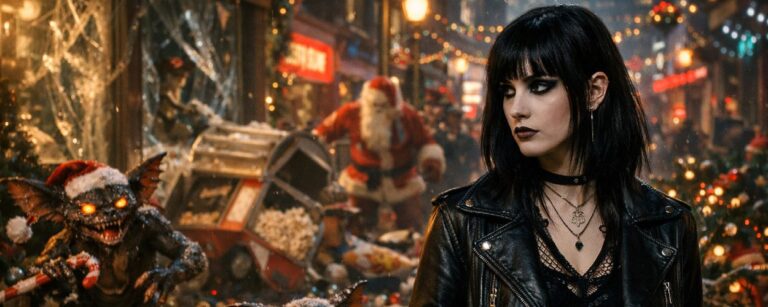 Kleine bösartige Monster verwüsten eine weihnachtliche Stadtstraße, während eine junge düstere Frau dem Chaos kühl entgegensieht.