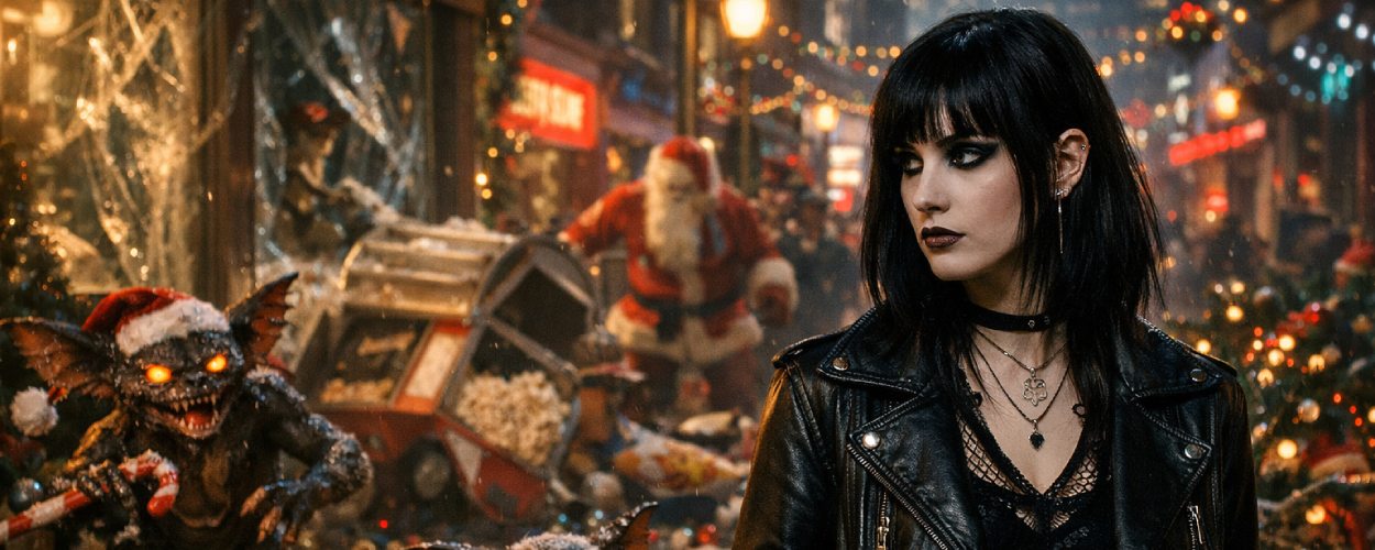 Kleine bösartige Monster verwüsten eine weihnachtliche Stadtstraße, während eine junge düstere Frau dem Chaos kühl entgegensieht.