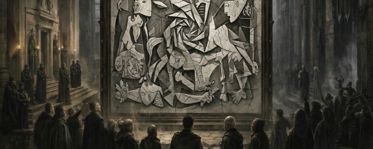 In einer düsteren kathedralenhaften Halle hängt ein monumentales monochromes Kriegsrelikt mit rissiger, fragmentierter Bildsprache, während dunkle Gestalten darunter wie vor einem umkämpften Schrein stehen.