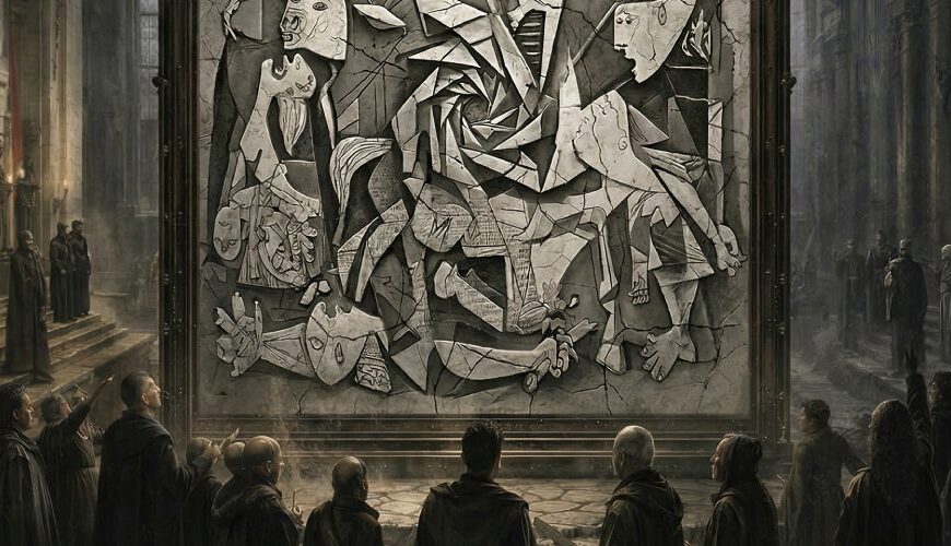 In einer düsteren kathedralenhaften Halle hängt ein monumentales monochromes Kriegsrelikt mit rissiger, fragmentierter Bildsprache, während dunkle Gestalten darunter wie vor einem umkämpften Schrein stehen.