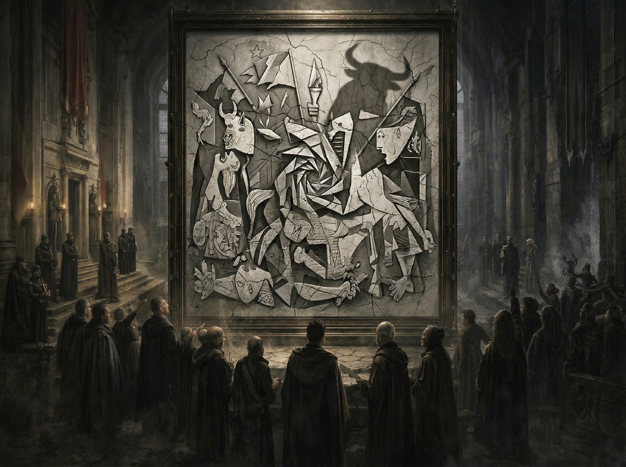 In einer düsteren kathedralenhaften Halle hängt ein monumentales monochromes Kriegsrelikt mit rissiger, fragmentierter Bildsprache, während dunkle Gestalten darunter wie vor einem umkämpften Schrein stehen.