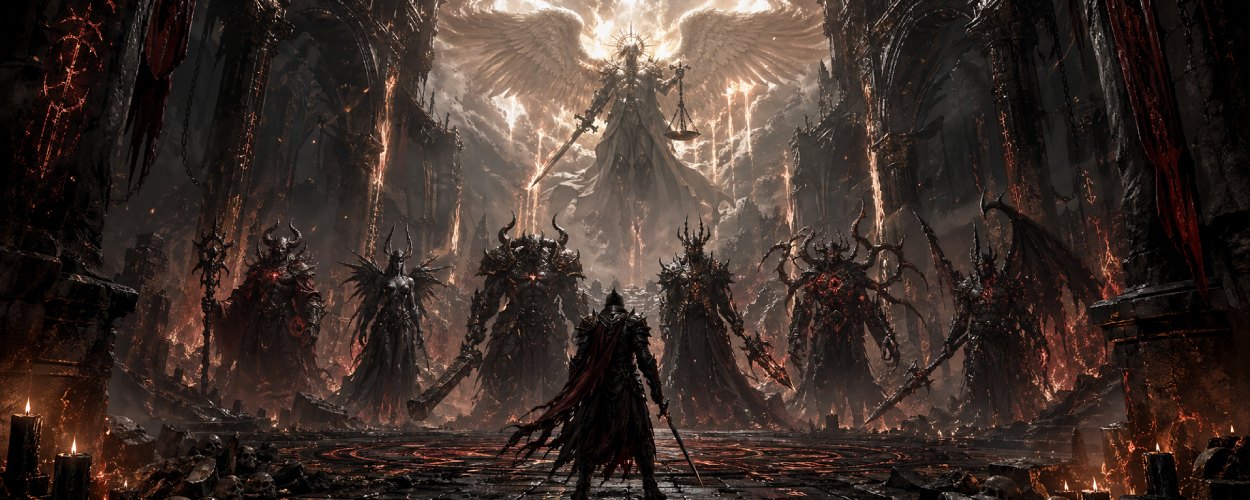 HellSlave II zeigt einen einsamen Krieger in einem düsteren Dungeon zwischen Dämonenherren und einem himmlischen Archon des Gerichts.